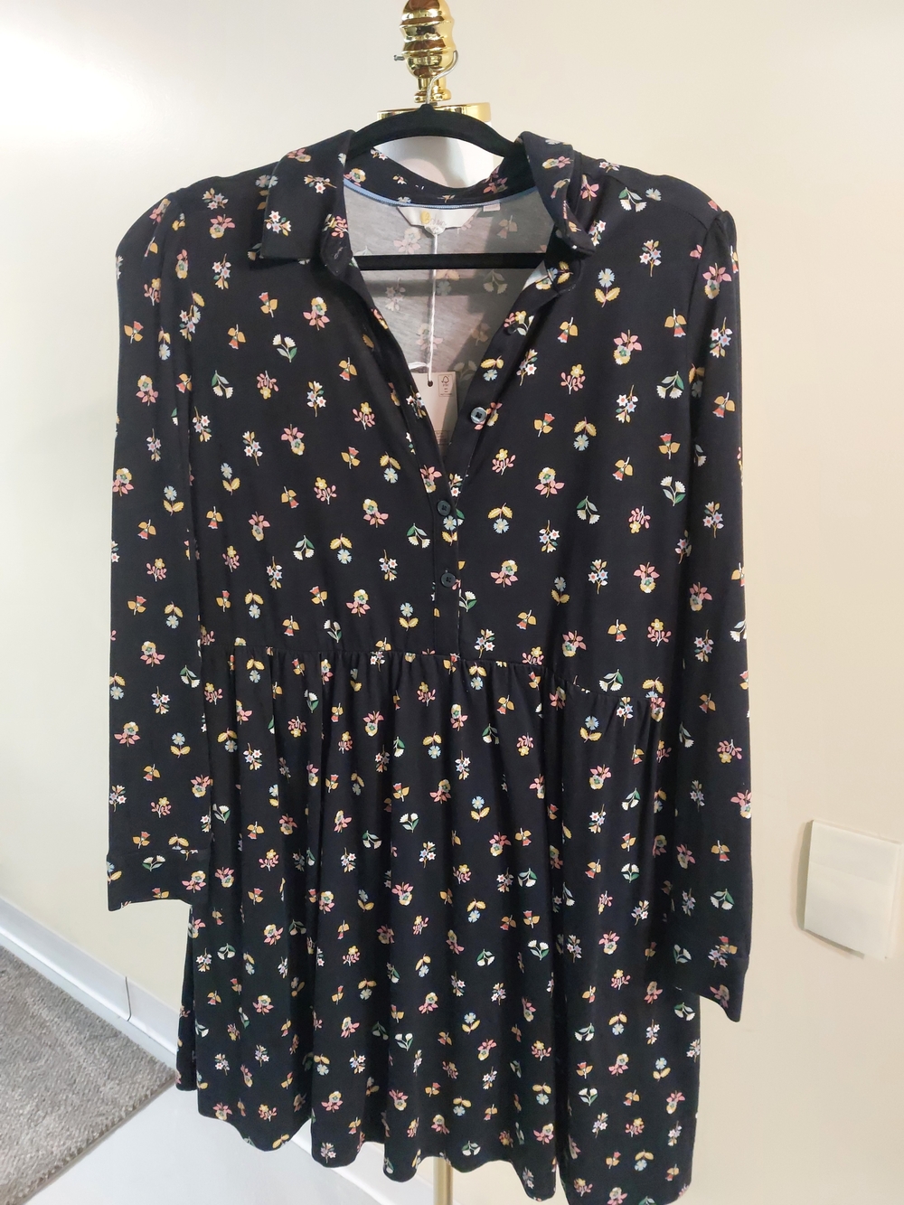 Boden Black Floral Button-Front Long Sleeve Dress